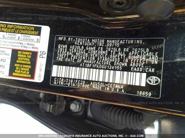 4T1BF1FK0GU134155 - 2016 TOYOTA CAMRY LE/XLE/SE/XSE BLACK photo 9