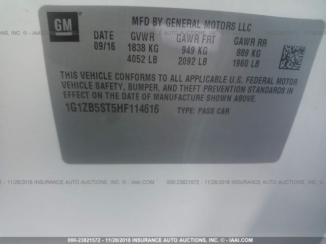 1G1ZB5ST5HF114616 - 2017 CHEVROLET MALIBU LS WHITE photo 9