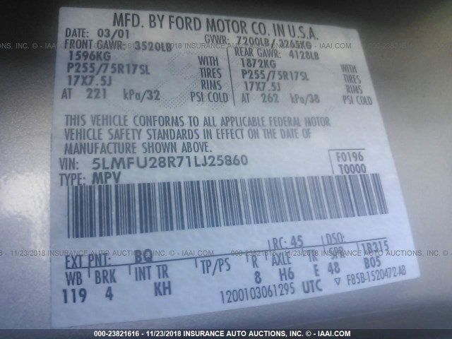 5LMFU28R71LJ25860 - 2001 LINCOLN NAVIGATOR 金色 照片 9