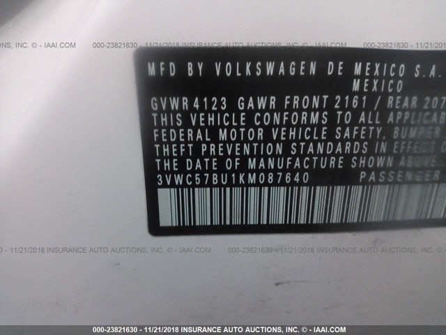 3VWC57BU1KM087640 - 2019 VOLKSWAGEN JETTA S/SE/R-LINE WHITE photo 9