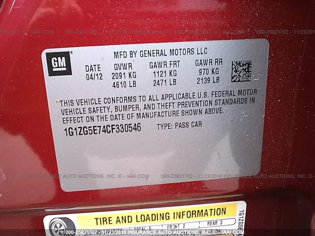 1G1ZG5E74CF330546 - 2012 CHEVROLET MALIBU LTZ წითელი ფოტო 9