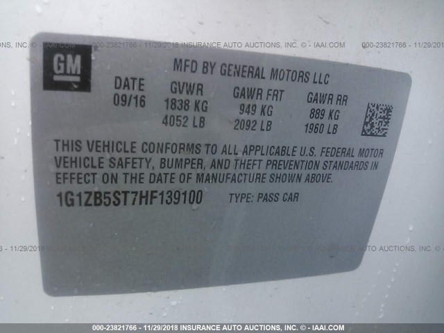 1G1ZB5ST7HF139100 - 2017 CHEVROLET MALIBU LS WHITE photo 9