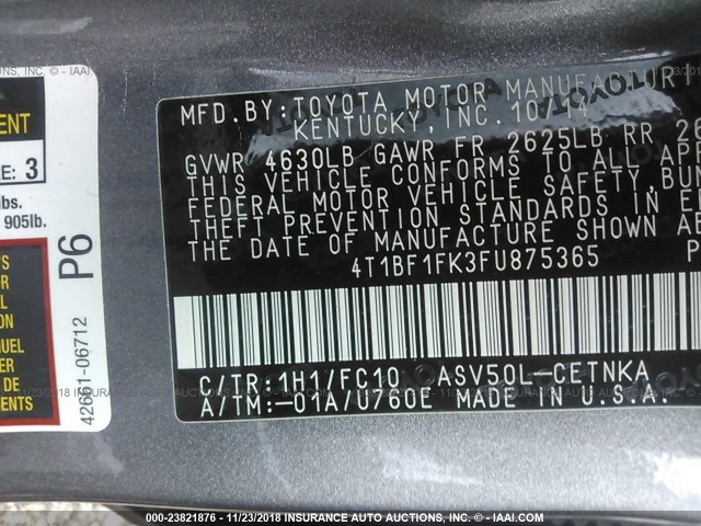 4T1BF1FK3FU875365 - 2015 TOYOTA CAMRY LE/XLE/SE/XSE GRAY photo 9