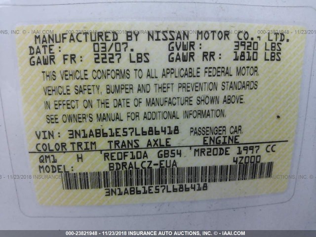 3N1AB61E57L686418 - 2007 NISSAN SENTRA 2.0/2.0S/2.0SL WHITE photo 9