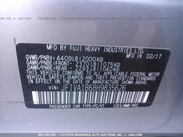 JF1VA1B68H9835626 - 2017 SUBARU WRX GRAY photo 9