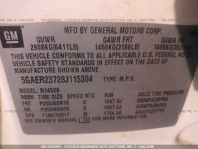 5GAER23728J115304 - 2008 BUICK ENCLAVE CXL WHITE photo 9