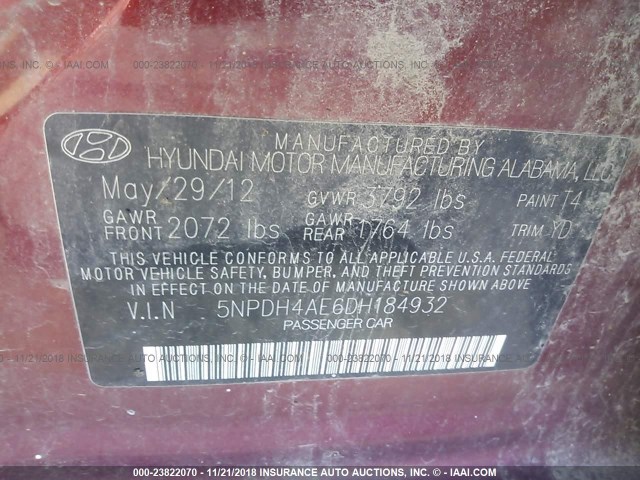 5NPDH4AE6DH184932 - 2013 HYUNDAI ELANTRA GLS/LIMITED RED photo 9