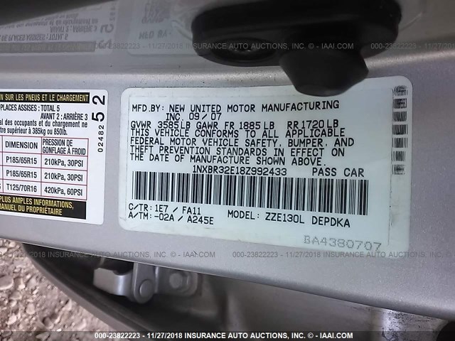 1NXBR32E18Z992433 - 2008 TOYOTA COROLLA CE/LE/S SILVER photo 9