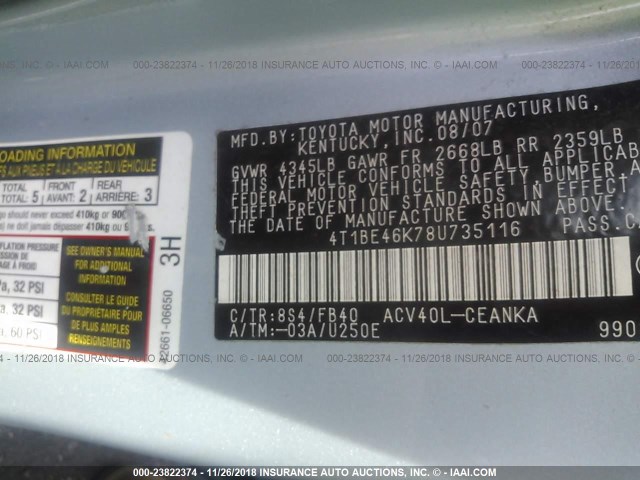 4T1BE46K78U735116 - 2008 TOYOTA CAMRY CE/LE/XLE/SE Light Blue photo 9