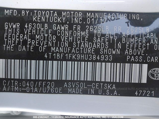 4T1BF1FK9HU384933 - 2017 TOYOTA CAMRY LE/XLE/SE/XSE 白色 照片 9