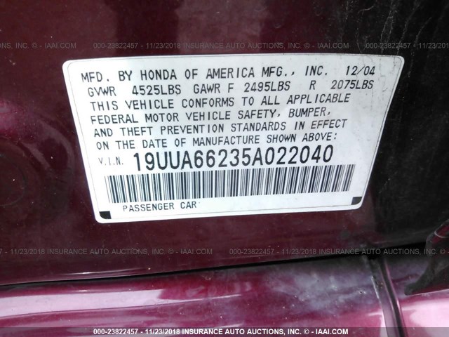 19UUA66235A022040 - 2005 ACURA TL RED photo 9