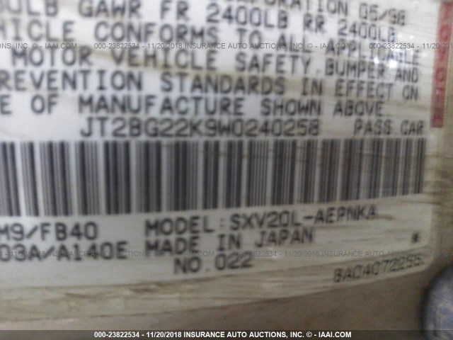 JT2BG22K9W0240258 - 1998 TOYOTA CAMRY CE/LE/XLE GOLD photo 9