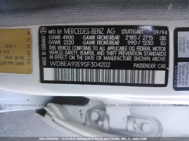 WDBEA92E9SF304202 - 1995 MERCEDES-BENZ E 320 WHITE photo 9