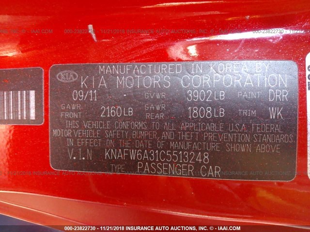 KNAFW6A31C5513248 - 2012 KIA FORTE SX RED photo 9