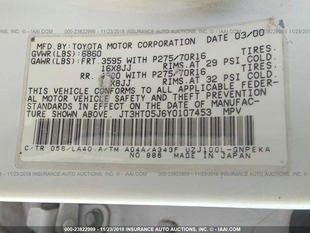 JT3HT05J6Y0107453 - 2000 TOYOTA LAND CRUISER  WHITE photo 9