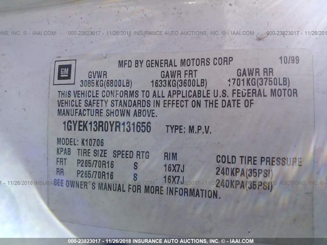 1GYEK13R0YR131656 - 2000 CADILLAC ESCALADE WHITE photo 9