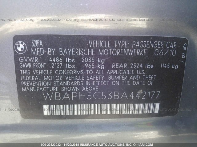 WBAPH5C53BA442177 - 2011 BMW 328 I SULEV GRAY photo 9