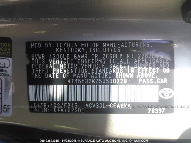 4T1BE32K75U530228 - 2005 TOYOTA CAMRY LE/XLE/SE BROWN photo 9