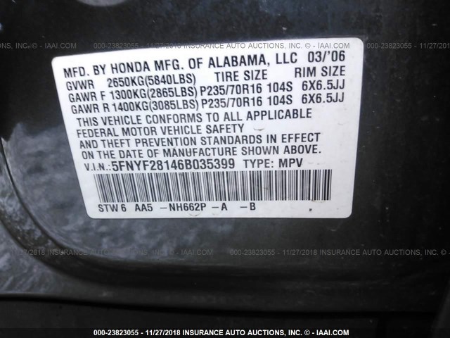 5FNYF28146B035399 - 2006 HONDA PILOT LX GRAY photo 9