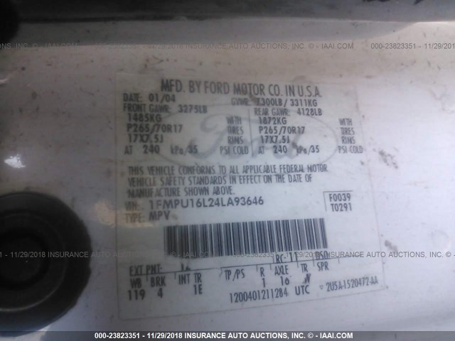 1FMPU16L24LA93646 - 2004 FORD EXPEDITION XLT WHITE photo 9