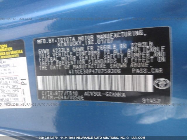 4T1CE30P47U758306 - 2007 TOYOTA CAMRY SOLARA SE/SLE Mavi foto 9