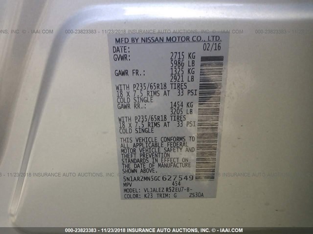 5N1AR2MN5GC627549 - 2016 NISSAN PATHFINDER S/SV/SL/PLATINUM SILVER photo 9