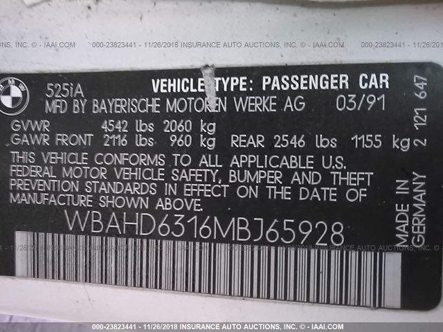 WBAHD6316MBJ65928 - 1991 BMW 525 I AUTOMATIC WHITE photo 9