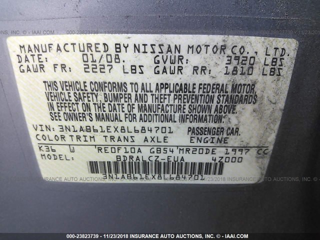 3N1AB61EX8L684701 - 2008 NISSAN SENTRA 2.0/2.0S/2.0SL GRAY photo 9