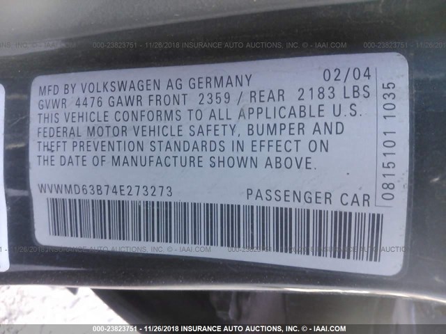 WVWMD63B74E273273 - 2004 VOLKSWAGEN PASSAT GL BLUE photo 9