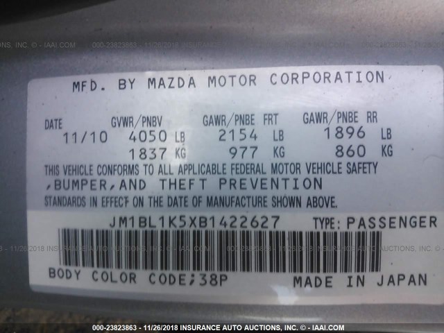 JM1BL1K5XB1422627 - 2011 MAZDA 3 S GRAY photo 9