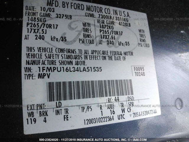 1FMPU16L34LA51535 - 2004 FORD EXPEDITION XLT BLUE photo 9