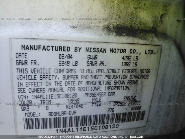 1N4AL11E15C108120 - 2005 NISSAN ALTIMA S/SL WHITE photo 9