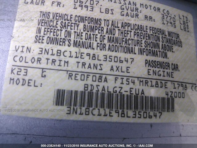 3N1BC11E98L350647 - 2008 NISSAN VERSA S/SL SILVER photo 9