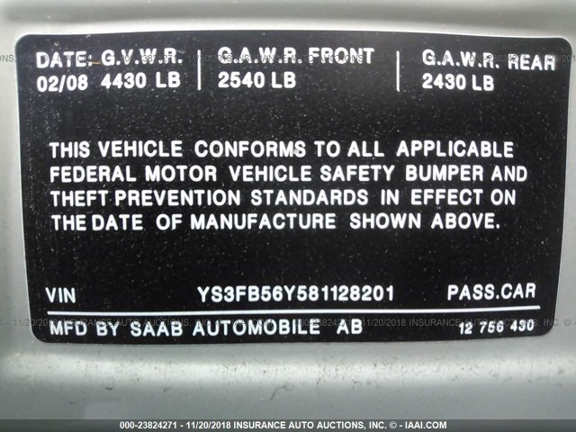 YS3FB56Y581128201 - 2008 SAAB 9-3 2.0T BEIGE photo 9