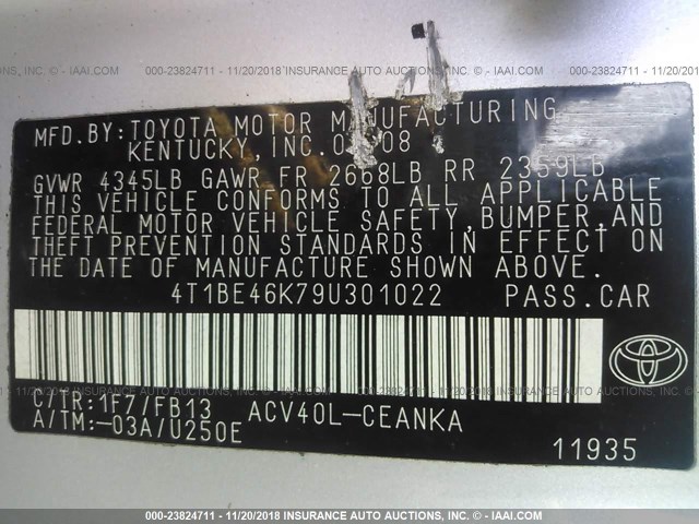 4T1BE46K79U301022 - 2009 TOYOTA CAMRY SE/LE/XLE 银色 照片 9