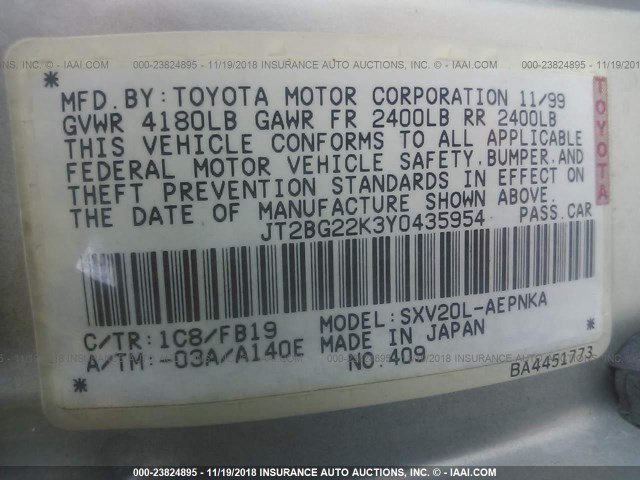 JT2BG22K3Y0435954 - 2000 TOYOTA CAMRY CE/LE/XLE SILVER photo 9