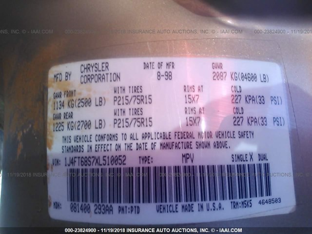 1J4FT68S7XL510052 - 1999 JEEP CHEROKEE SPORT/CLASSIC შამპანური ფოტო 9