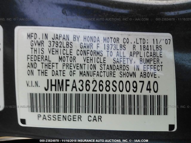 JHMFA36268S009740 - 2008 HONDA CIVIC HYBRID BLUE photo 9