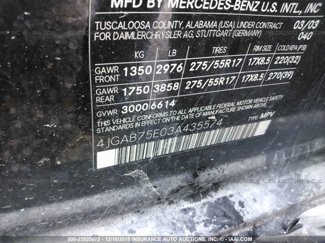 4JGAB75E03A435574 - 2003 MERCEDES-BENZ ML 500 BLACK photo 9