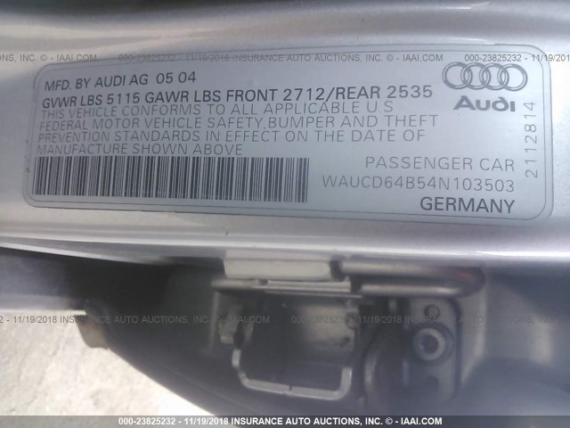 WAUCD64B54N103503 - 2004 AUDI A6 S-LINE QUATTRO SILVER photo 9