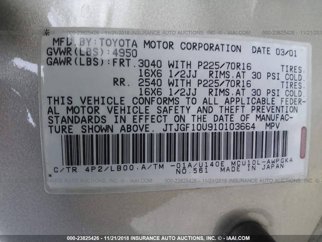 JTJGF10U910103664 - 2001 LEXUS RX 300 GOLD photo 9