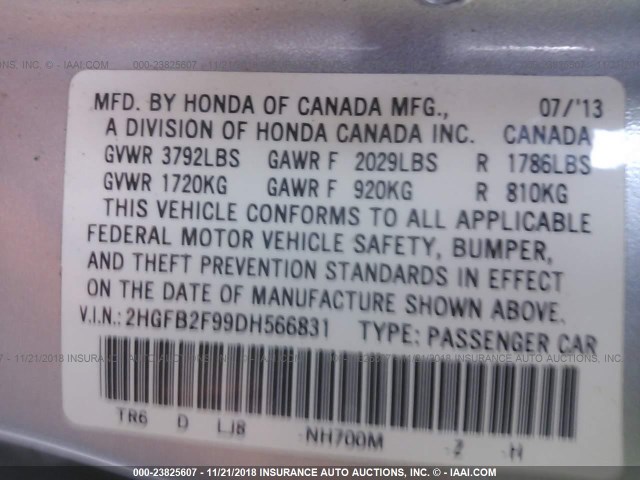 2HGFB2F99DH566831 - 2013 HONDA CIVIC EXL SILVER photo 9