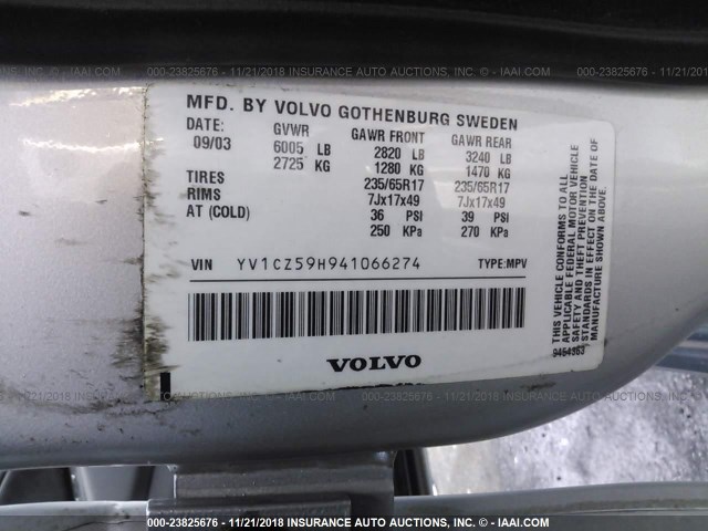 YV1CZ59H941066274 - 2004 VOLVO XC90 SILVER photo 9