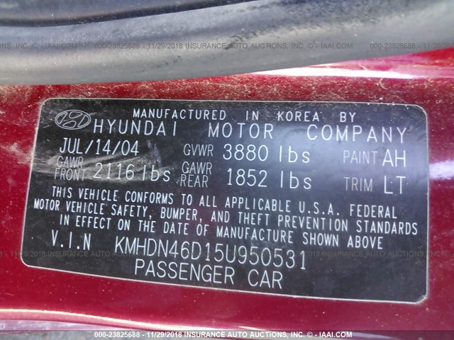 KMHDN46D15U950531 - 2005 HYUNDAI ELANTRA GLS/GT RED photo 9