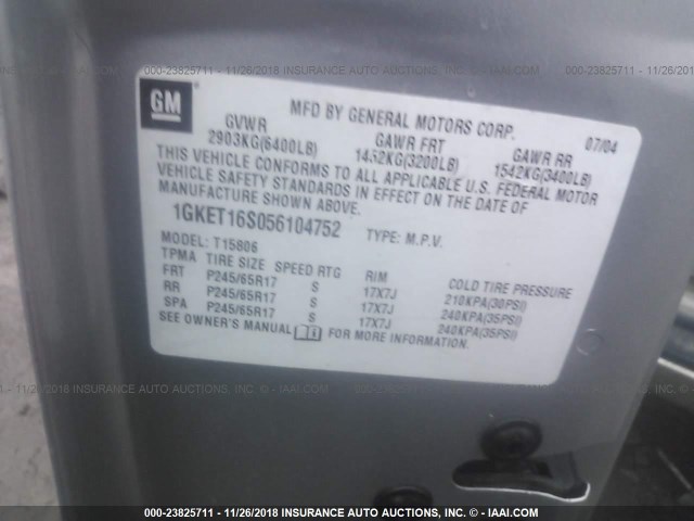 1GKET16S056104752 - 2005 GMC ENVOY XL GRAY photo 9