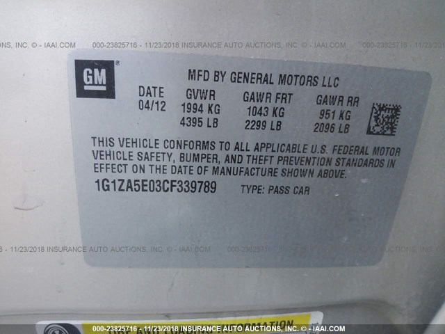 1G1ZA5E03CF339789 - 2012 CHEVROLET MALIBU LS GOLD photo 9