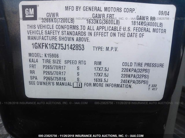 1GKFK16Z75J142853 - 2005 GMC YUKON XL K1500 BLUE photo 9