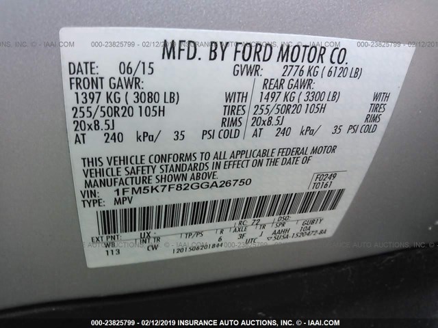 1FM5K7F82GGA26750 - 2016 FORD EXPLORER LIMITED SILVER photo 9