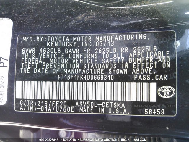 4T1BF1FK4DU669310 - 2013 TOYOTA CAMRY L/SE/LE/XLE 黑色 照片 9