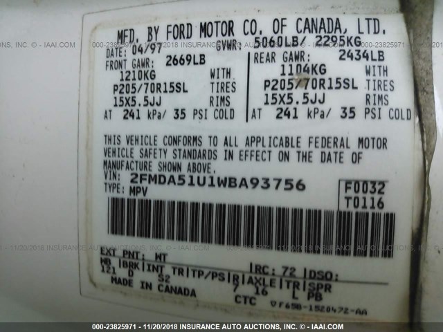 2FMDA51U1WBA93756 - 1998 FORD WINDSTAR WAGON WHITE photo 9